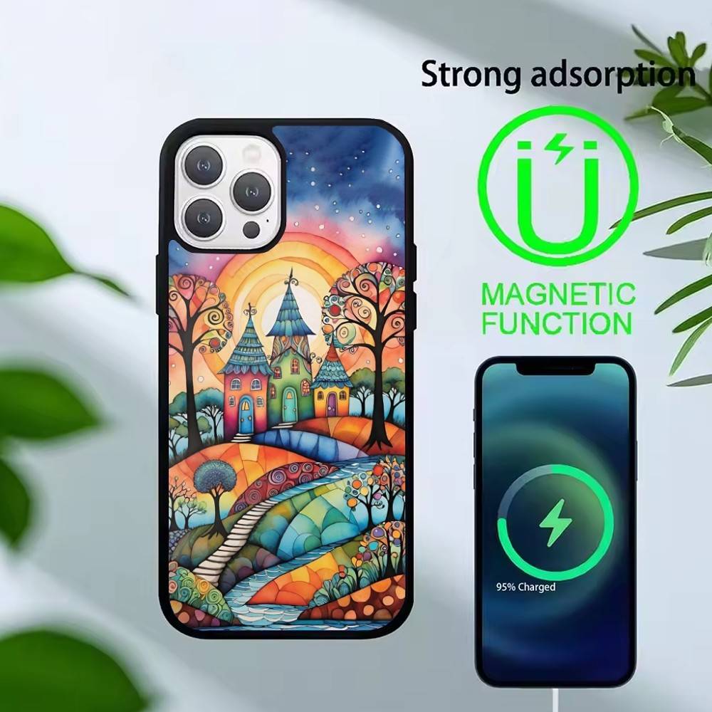 Whimsical landscape Starry Night Phone Case For iPhone 14,16,15,13,17,12,Plus,Pro,Max Magnetic For Magsafe Frosted Cover