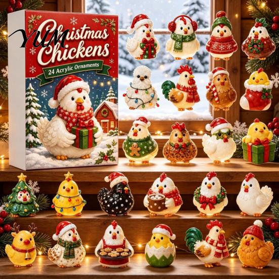 Unique Holiday Gift Box Christmas Chicken Advent Calendar 2026, 24 2D Acrylic Decorative Xmas Pendant Collection Ornaments, Cute Tree Decorations for