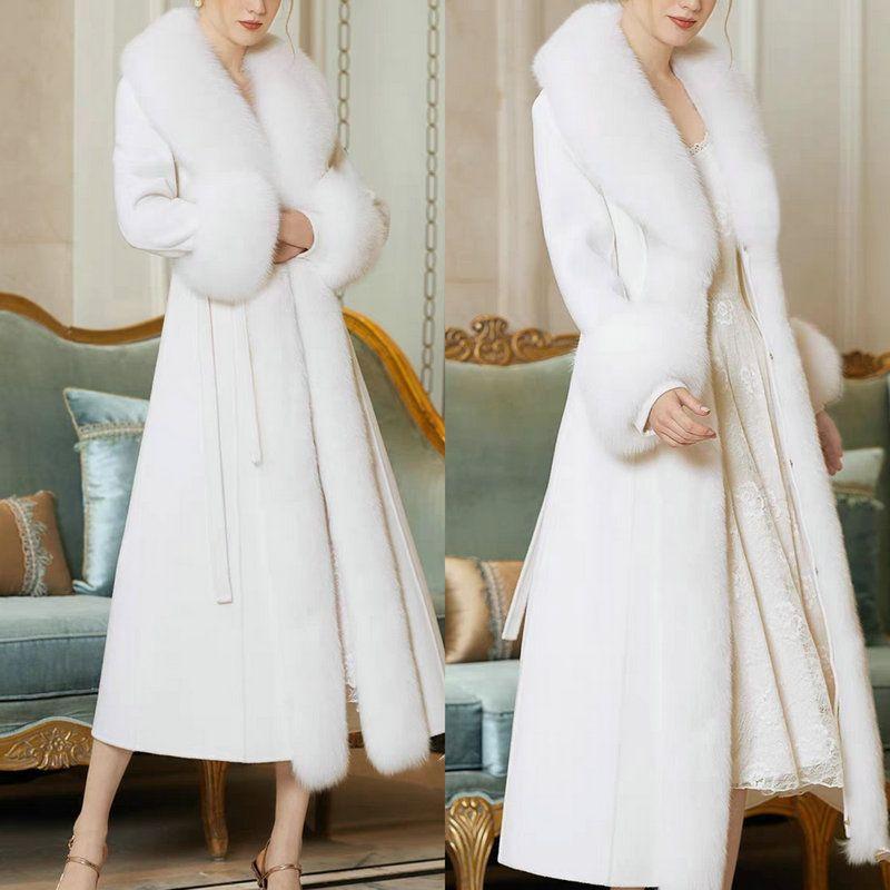 Europe, America, autumn and winter new high-end imitation fox fur collar fur coat woolen coat thin large size long cotton clothes