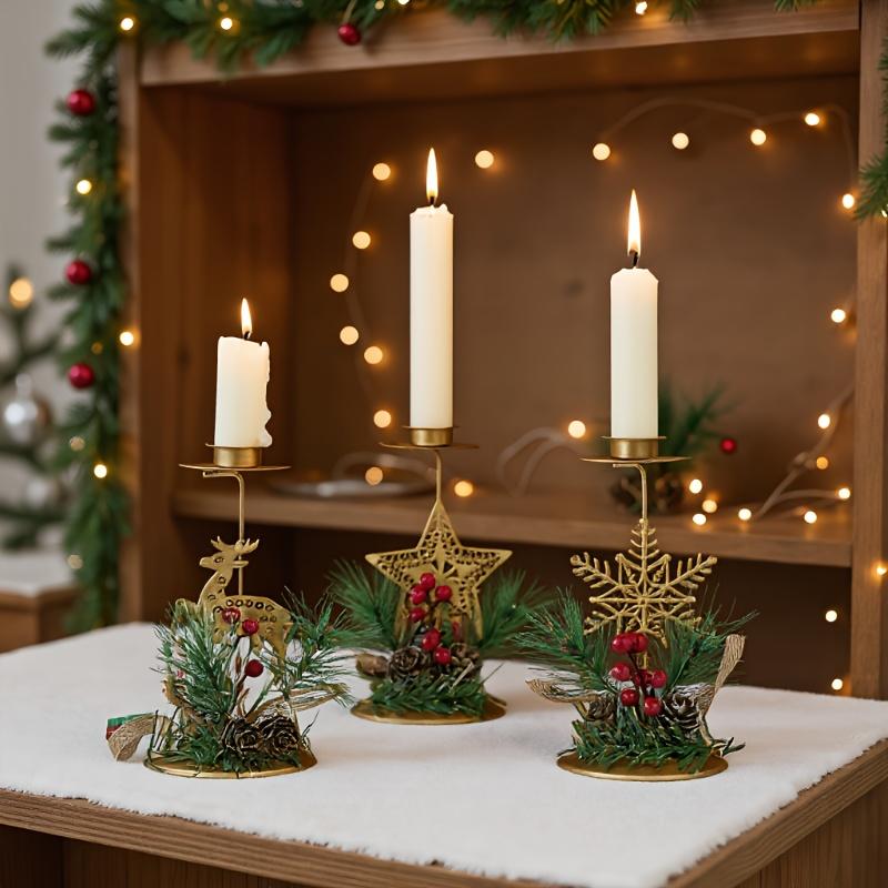 3pcs Golden Cast Iron Christmas Candle Holder Set Suitable for Window Display & Tabletop - Perseverance