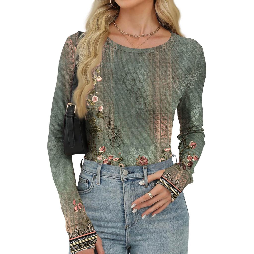 Women's And Winter Slim Bottom T-shirt Fashion Casual Gradient Printing Round Neck Pullover Long Sleeve Top