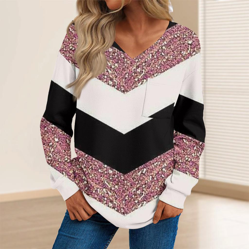 Women's Fashion Casual Long Sleeve Printed V- Neck Sweater Top