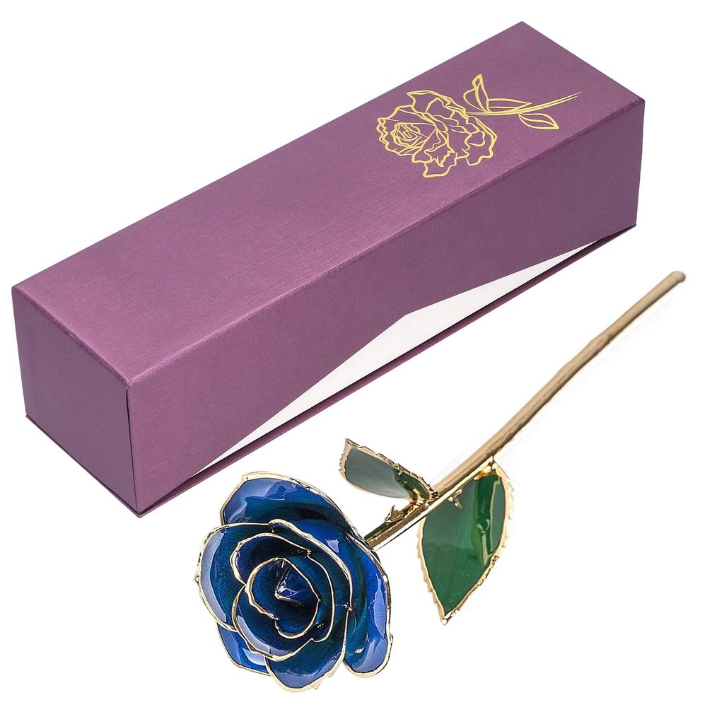 Real Dipped Blue Rose with Bracket Flower Decoration 24K Gold Plated Green Leaf Gift for Birthday