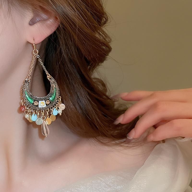 GemChic женские новые винтажные красочные лунные серьги с бахромой, этнические модные серьги-крючки, подарок на день рождения, Рождество