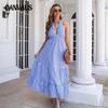 Summer Women's Lattice Hanging Neck Dress Bohemian Holiday Range Waist Ruffle Large Swing Long Dress