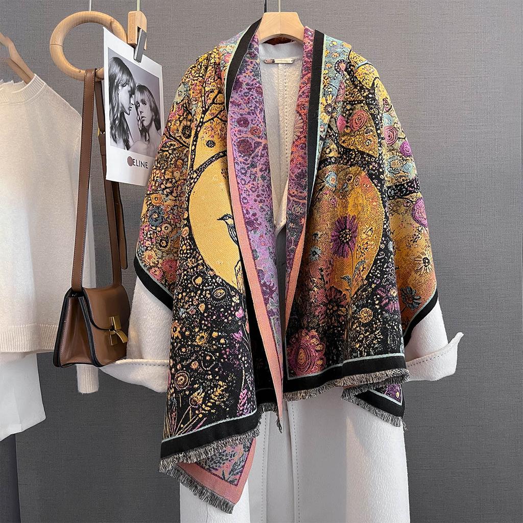 Winer Warm Cashmere Plant Flower Jacquard Scarf For Women Fashion Thick Blanket Pashmina Shawl Wrap Female Bufanda
