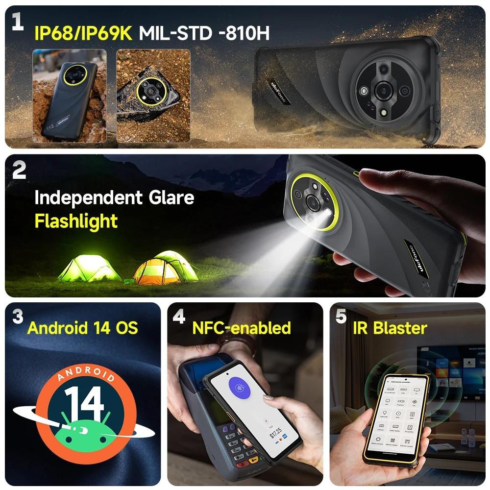 Ulefone Защищенный телефон Armor X31 4G 6,56” Android 15 Смартфон До 12 ГБ ОЗУ 128 ГБ ПЗУ 48 МП NFC Камера ночного видения ИК-излучатель Глобальный