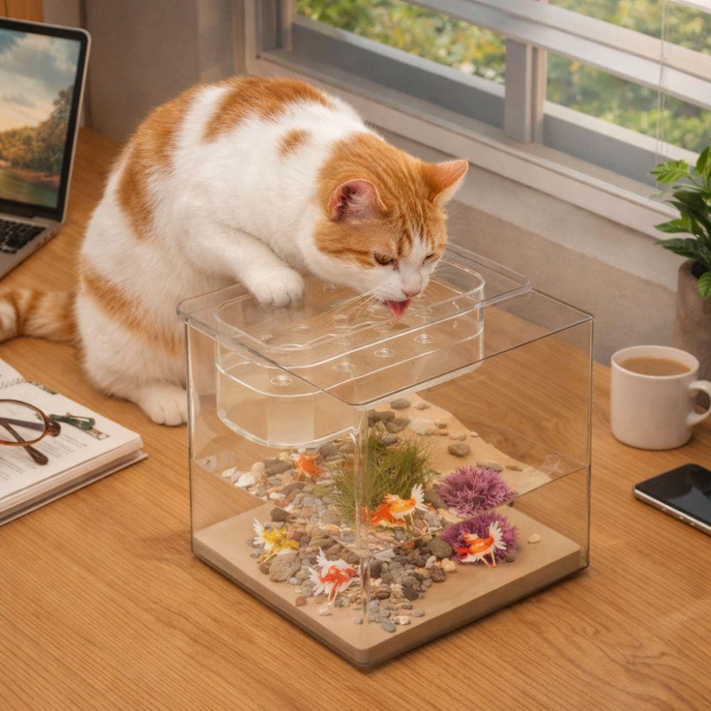 Creative Transparent Double-layer Fish Tank Plastic Cube Cat Drinking Bowls Shatterproof Goldfish Tanks Gift