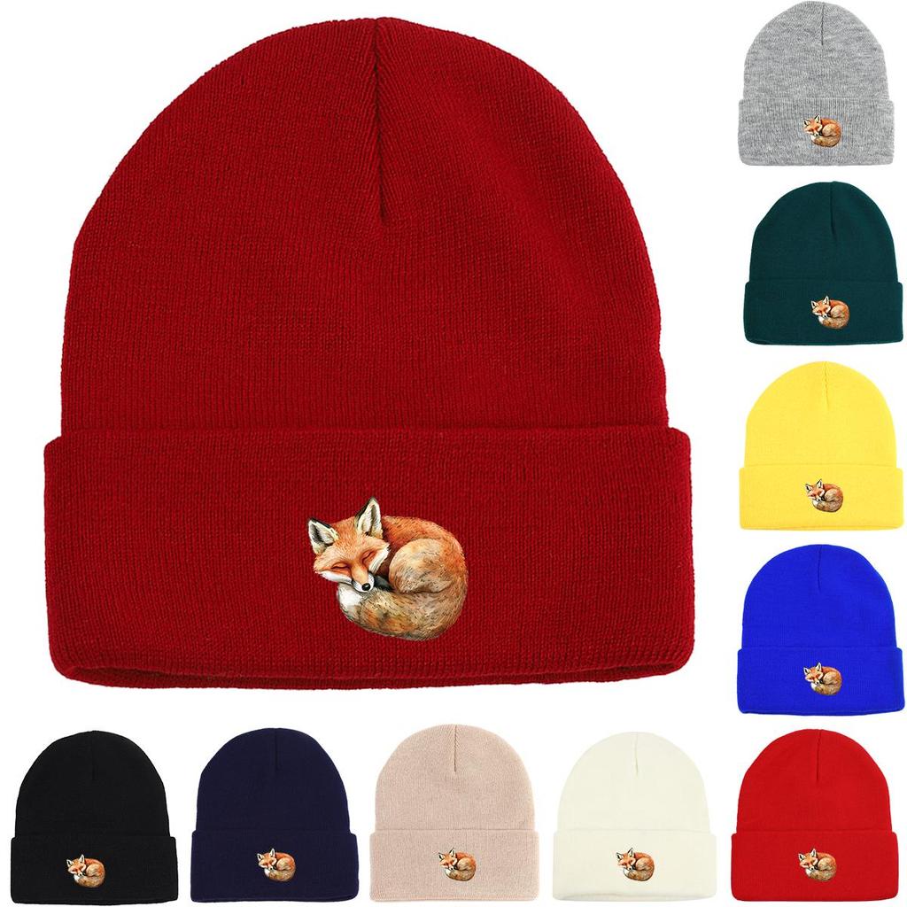 Curl Up Fox Winter Knitted Cap Beanie, Animal Man Cap Thermal Lightweight Stylish Gorro Knit Hat Beanie