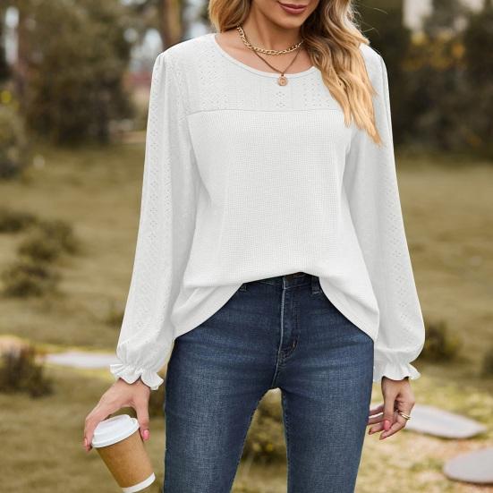 Women Tops Round Neck Puff Long Sleeve Solid Color Tee Shirt with Waffle Decoration Solid Color Loose Fit T-shirt