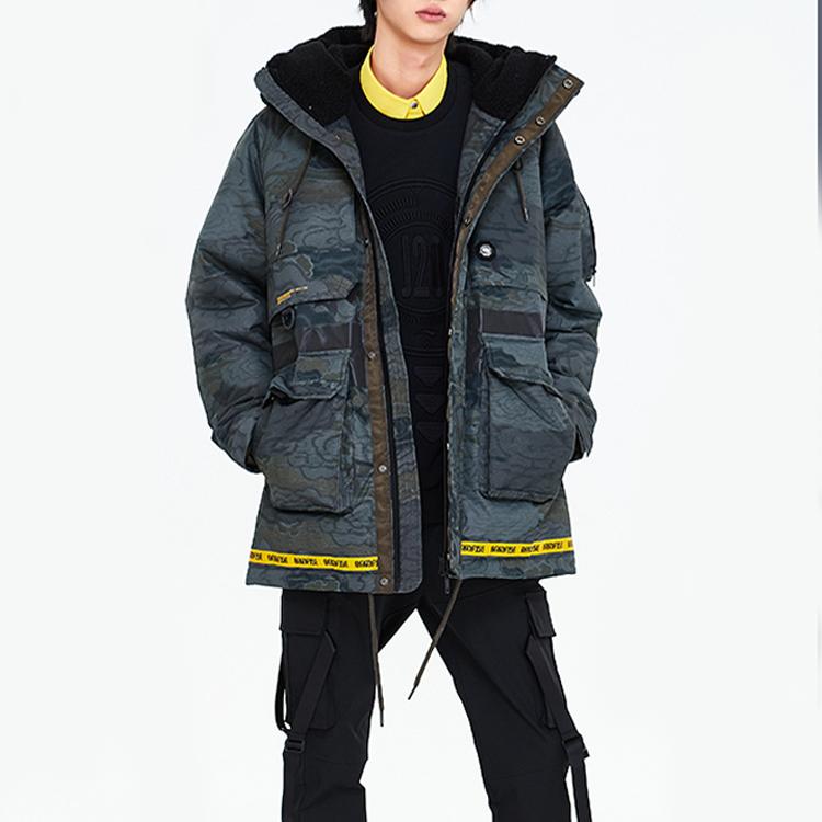 Баскетбольная серия Li Ning Водонепроницаемая свободная теплая куртка с капюшоном для мужчин, верхняя одежда, зеленый камуфляж AYMP099-1