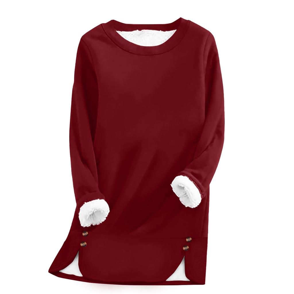 Women's Fashion Solid Color Round Neck Long Sleeve Plush Versatile Warm Bottom Shirt Top