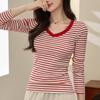 Striped V-neck Long Sleeve T-shirt for Women In Autumn New Style Slim and Versatile Shoulder Top