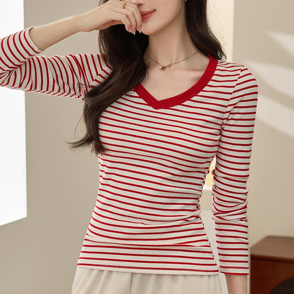 Striped V-neck Long Sleeve T-shirt for Women In Autumn New Style Slim and Versatile Shoulder Top