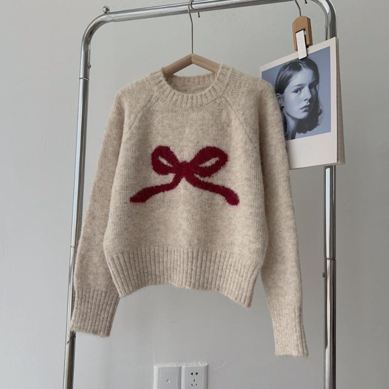 Пуловер с круглым вырезом и бантом, женский осенне-зимний, маленький, мягкий, клейкий базовый трикотаж