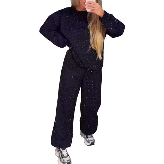 2 шт./комплект женский топ брюки костюм круглый вырез длинный рукав стразы декор толстовка эластичный пояс широкие брюки повседневная одежда спортивный наряд