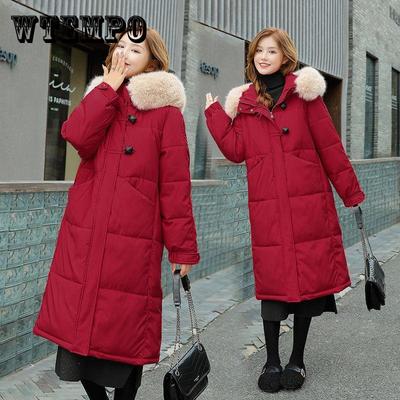 Зимняя куртка с роговой пряжкой, женская теплая и толстая пуховая куртка из чистого хлопка, длинная парка с большим меховым воротником, женская свободная куртка