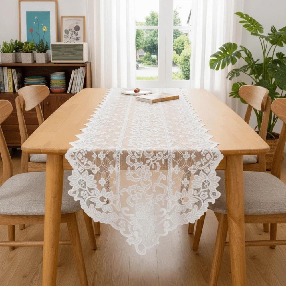 Minimalist Elegant Lace Table Runner Long Strip Shape Soft Vintage Tablecloth Washable Polyester Table Cover Dining Room