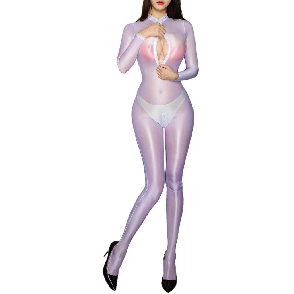 Женский прозрачный блестящий боди с застежкой-молнией спереди, шелковистый облегающий комбинезон без паха, чувственное клубное нижнее белье