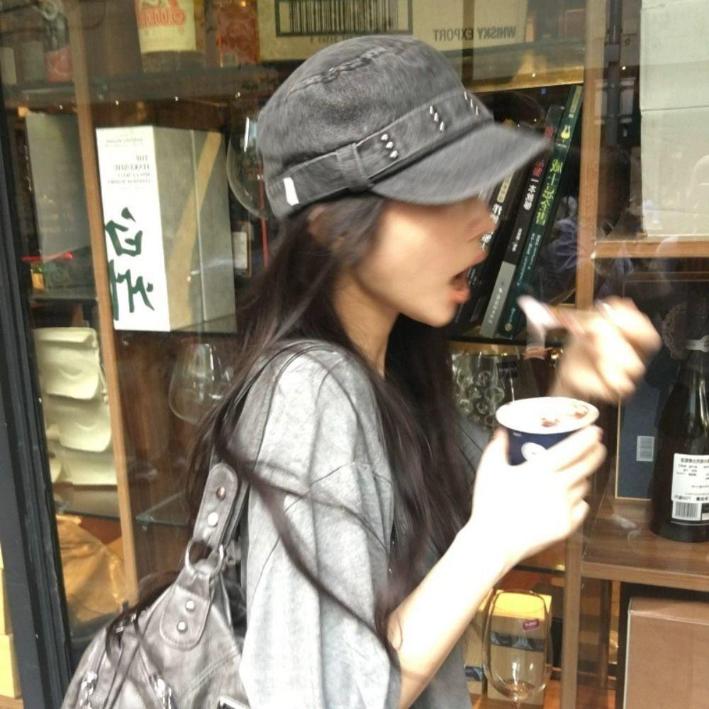 Washed Denim Flat Top Hat Rivet Cadet Cap Casual Peaked Cap Streetwear