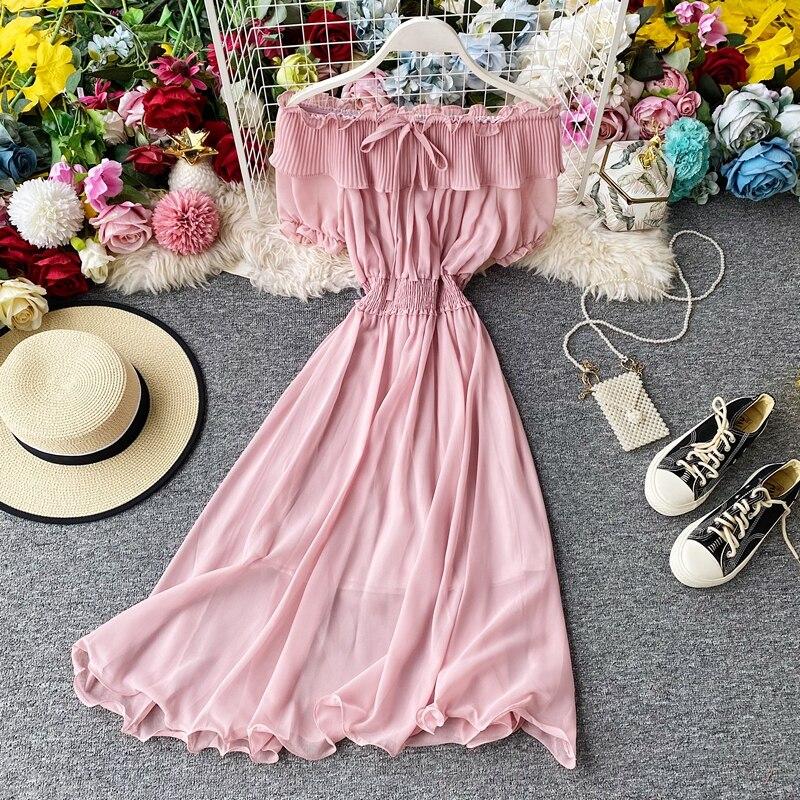Платье для летних каникул Супер Фея Сладкие плиссированные длинные шифоновые женские платья с воротником с открытыми плечами в западном стиле