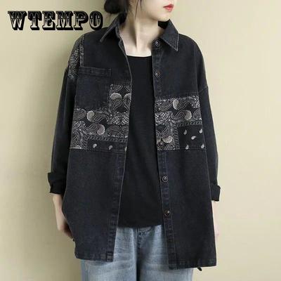 Весна и осень, свободная литературная рубашка с длинными рукавами в стиле ретро, ​​универсальный повседневный джинсовый топ с лацканами и принтом