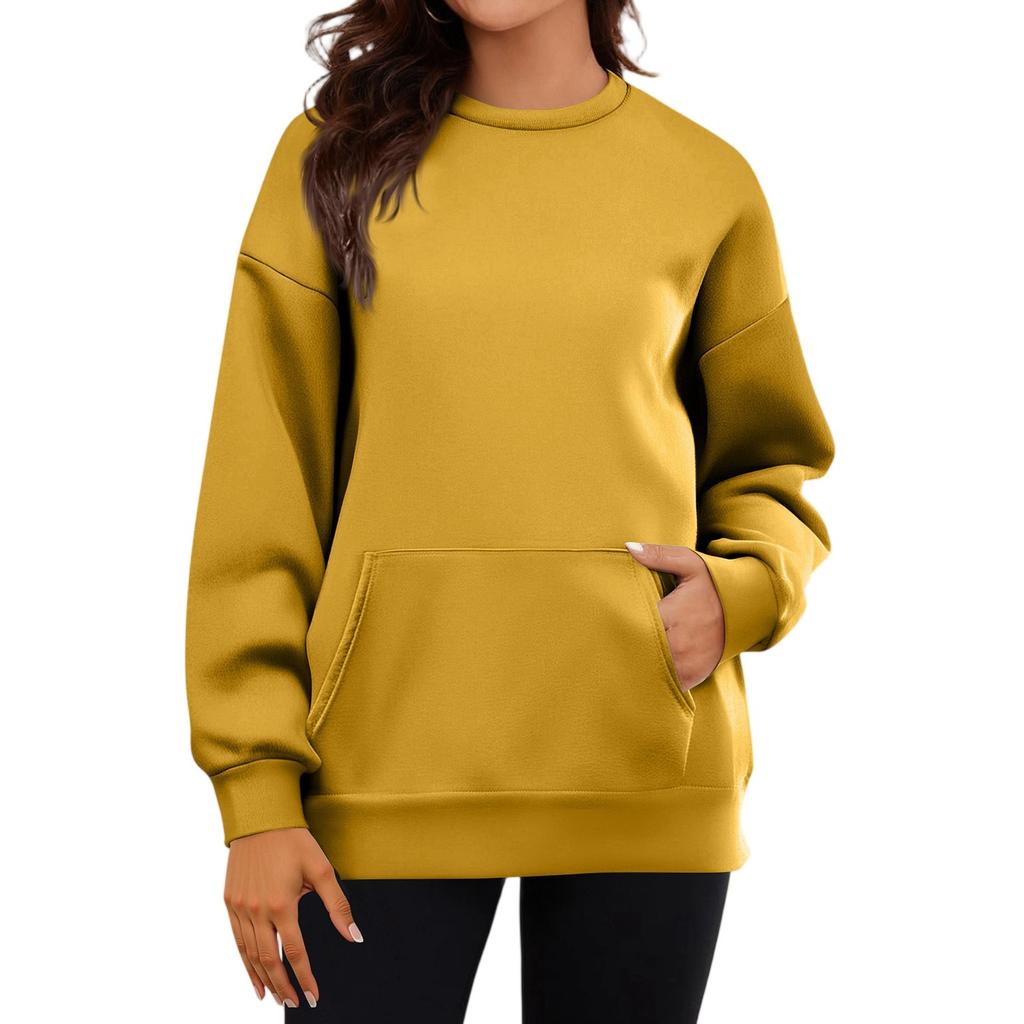 Women's Casual Fashion Long Sleeve Solid Color Round Neck Sweatshirt Top With Pockets