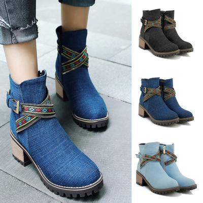 Женская модная джинсовая обувь на толстом каблуке на молнии, зимние сапоги с круглым носком в западном стиле