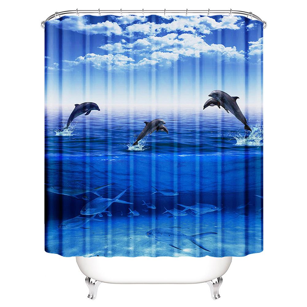 Underwater Dolphin Shower Curtain Marine Life World Travel Sea Diving Ocean Print Bathroom Decor Set with 12 Hooks Waterproof