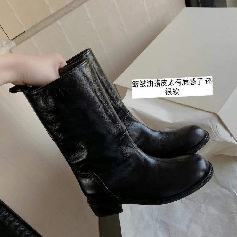 Women's Wide Tube Boots Round Toe 4CM Square Heel Comfortable Casual Women Shoes Velvet Black Pleated Leather Mid-Calf Boots