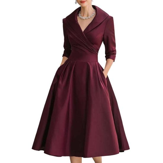 Women's Lapel V Sleeve A Line Neck Work Dress Long Swing Dress Formal Business
