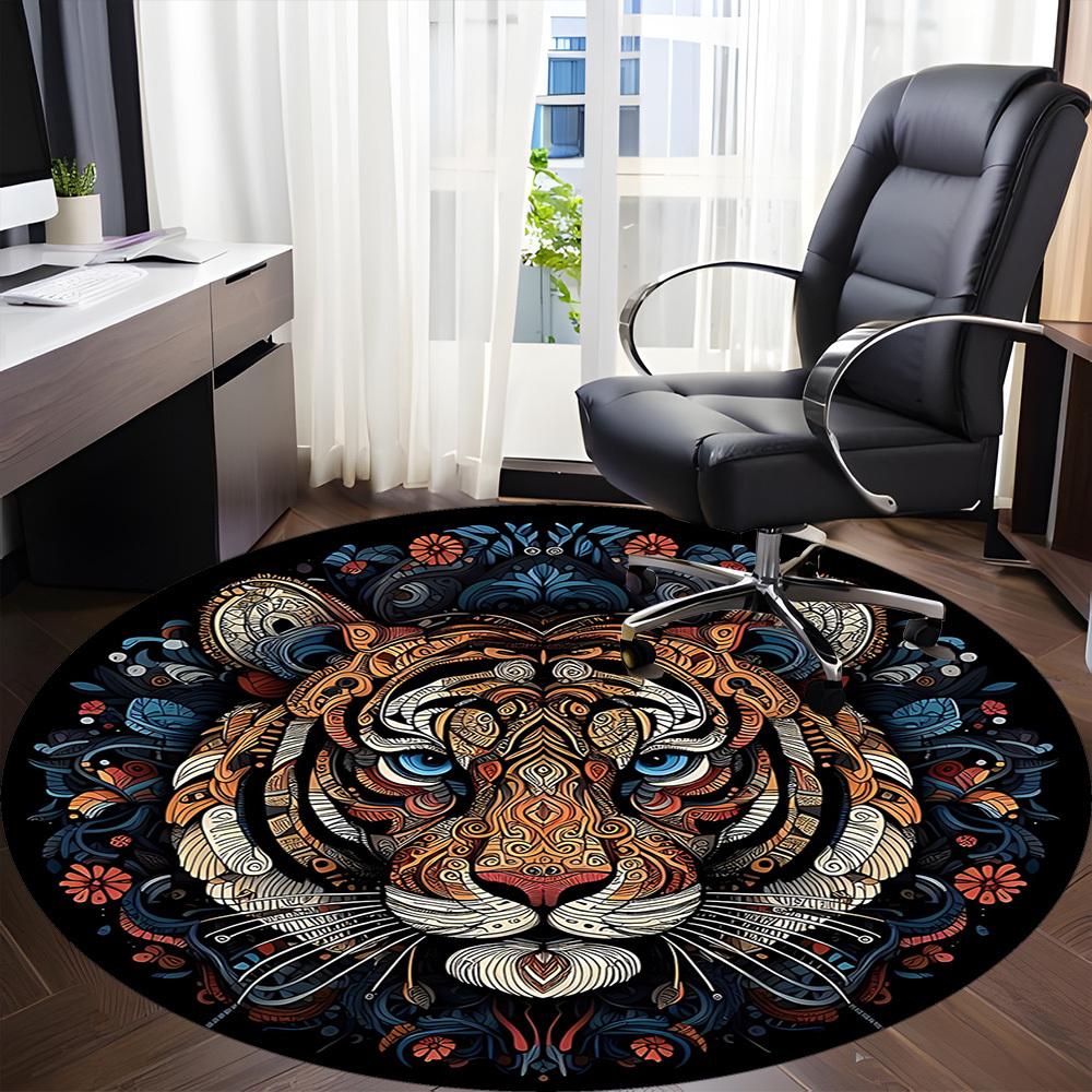 1pc Tiger Mandala Office Round Area Rug, Indoor Mat Suitable For Office, Under Office Chairs Bedroom Living Room Home Decor, Room Deco