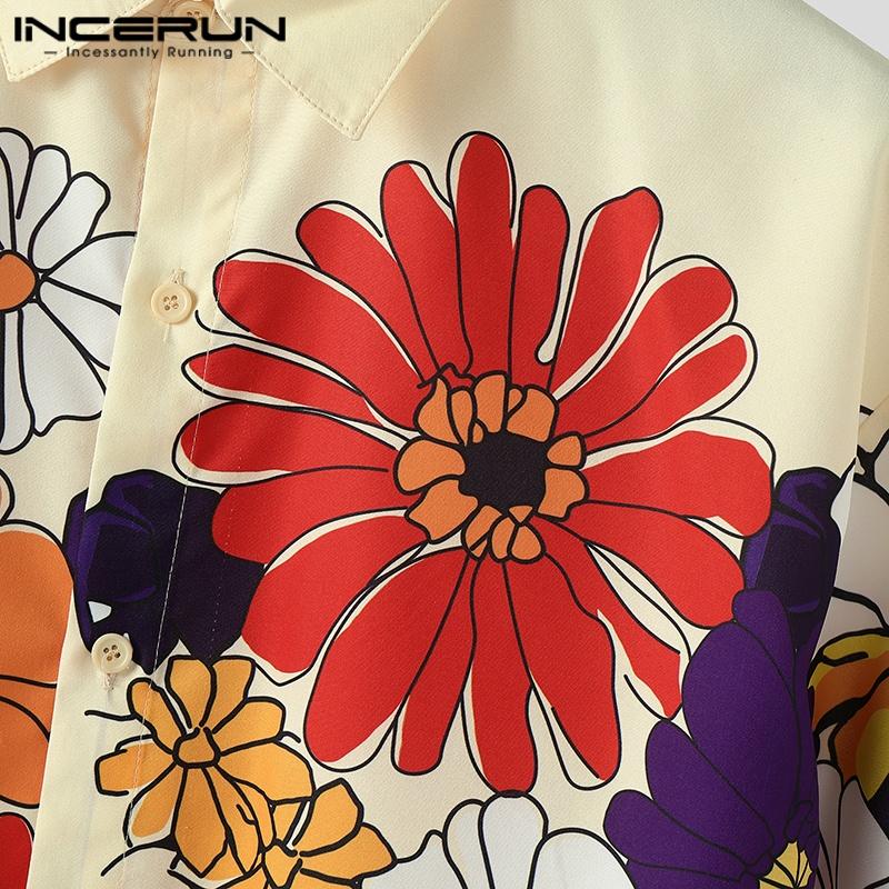 INCERUN Большие мужские рубашки с отложным воротником, повседневные, рукава 3/4, пуговицы, цветочный принт, праздничные рубашки, топы