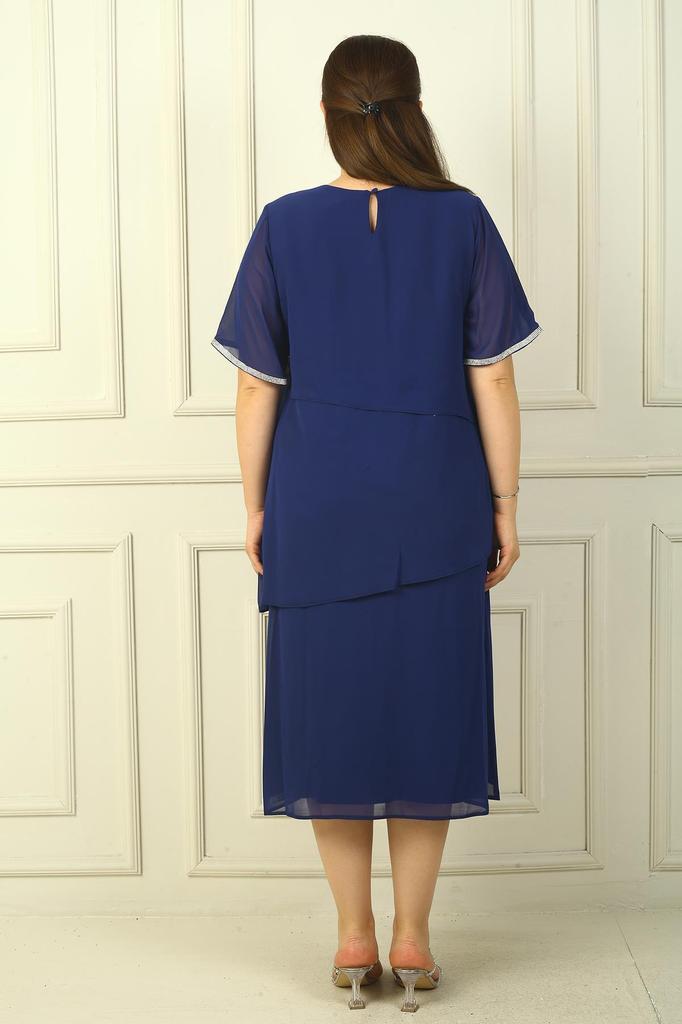 Женское трехслойное шифоновое платье больших размеров с короткими рукавами на подкладке с камнями