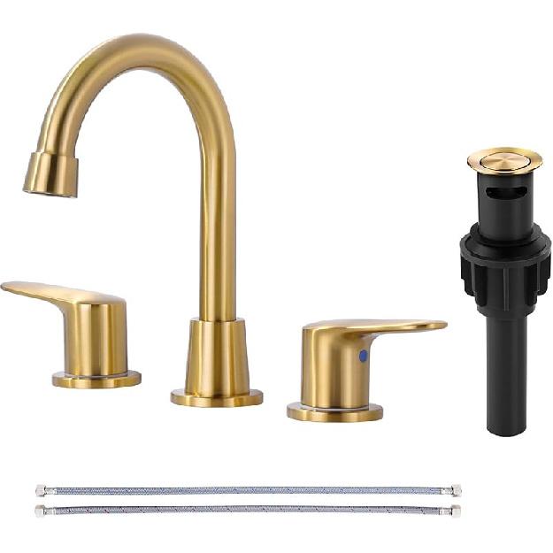 2 Handle 3 Holes Widespread Bathroom Faucet, Bathroom Sink Faucet with Copper Pop Up Drain, Black & Gold Lavatory Faucet Swivel Spout with Drain