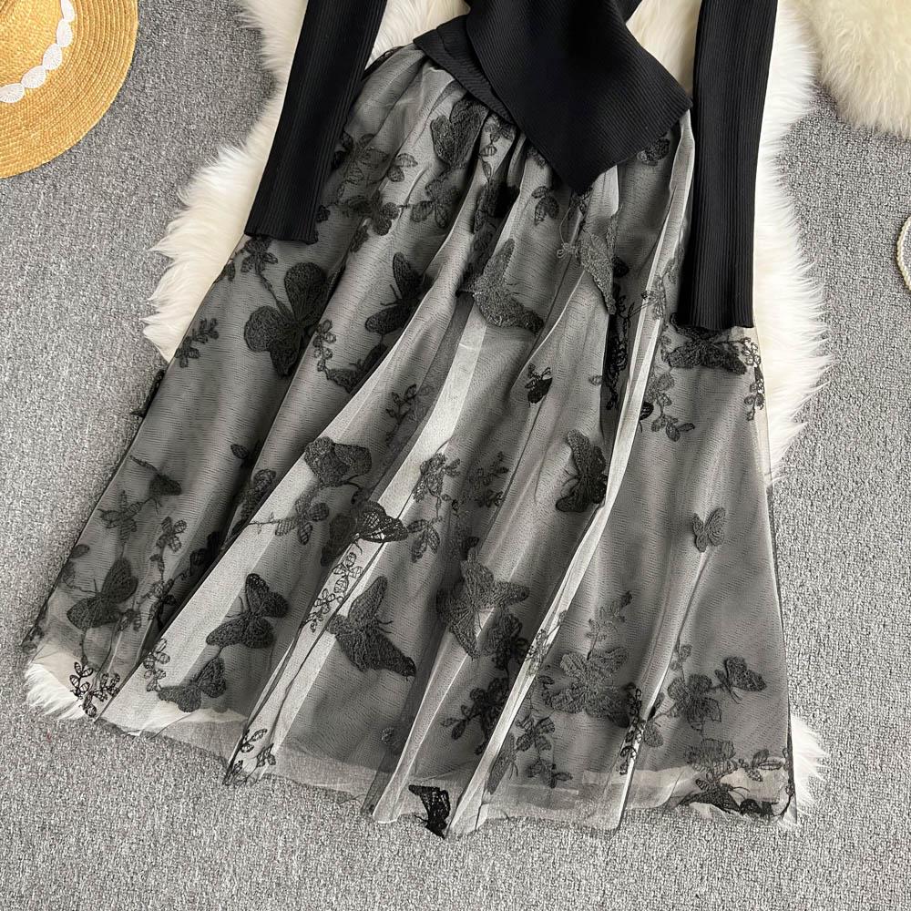 Осень-зима, женский повседневный вязаный свитер, сетчатые лоскутные платья, винтажное вечернее платье миди из тюля с v-образным вырезом и вышивкой-бабочкой