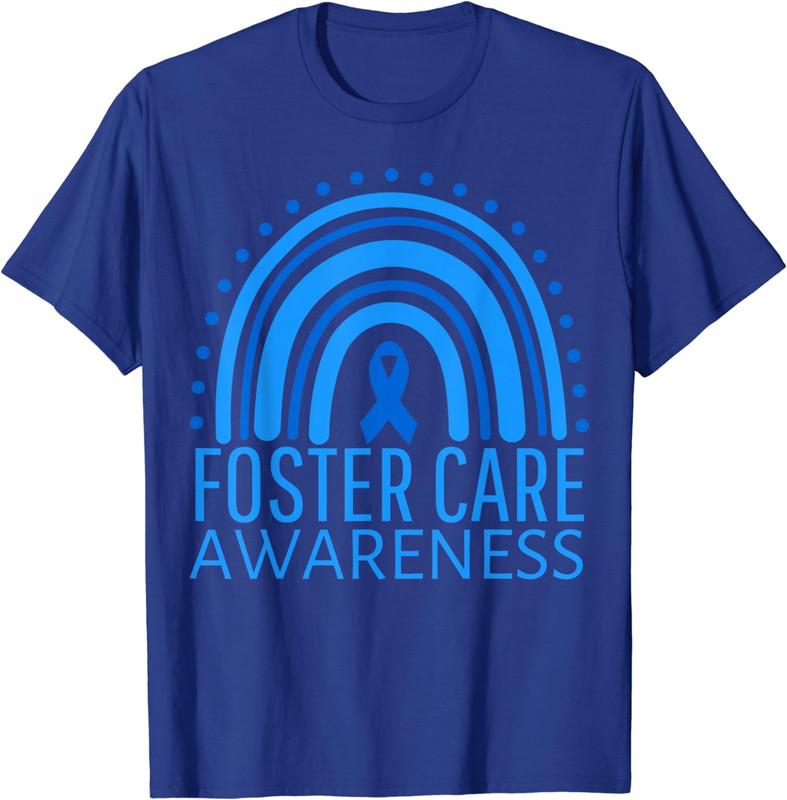 Foster Care Awareness Month Rainbow Ribbon Blue TShirt Woman Man Summer Fashion Cotton Graphic T Shirts Streetwear Tops Tee