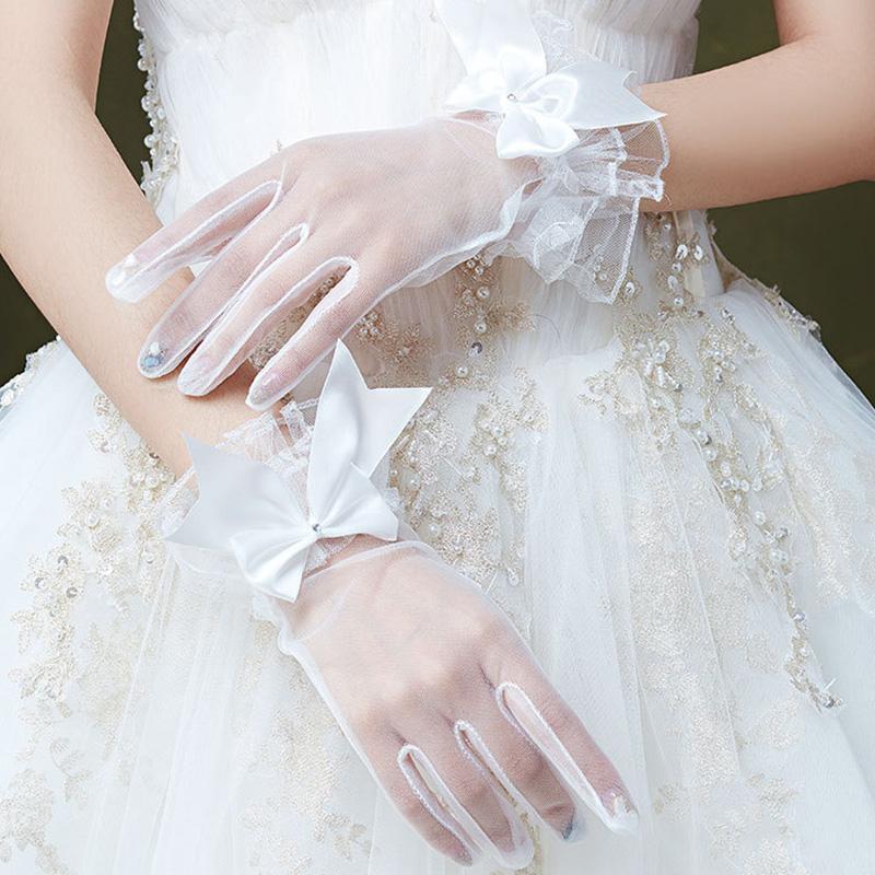 1 пара элегантных кружевных перчаток с оборками из тюля, свадебные перчатки из полиэстера с бантом, женские варежки, аксессуары к платью