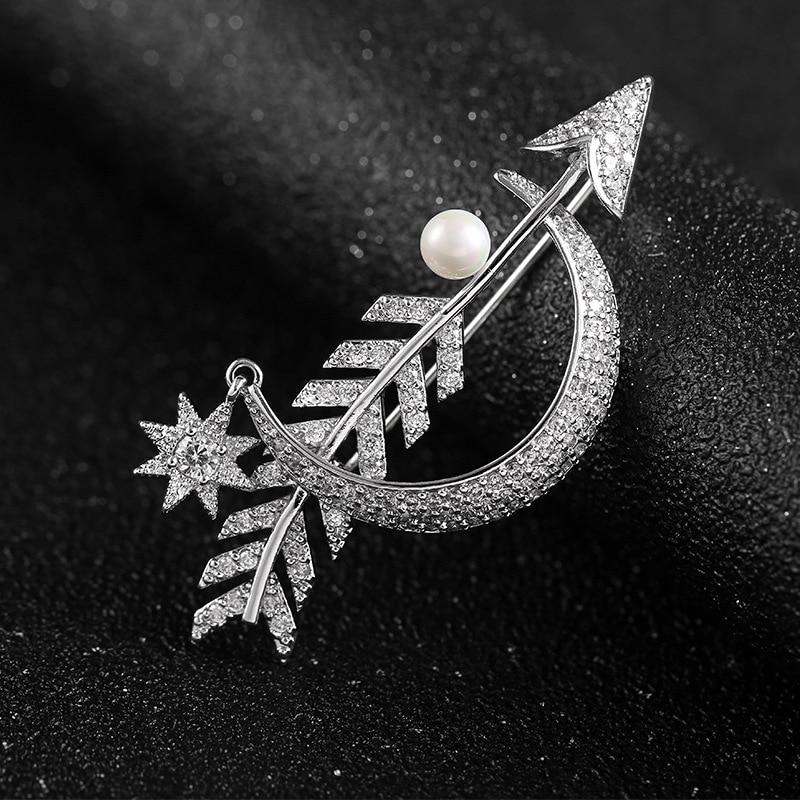 Blucome Luxury Copper Moon Arrow Shape Brooches Corsage Silver Color Star Simulated Wedding Bridal Brooch Collar Clip