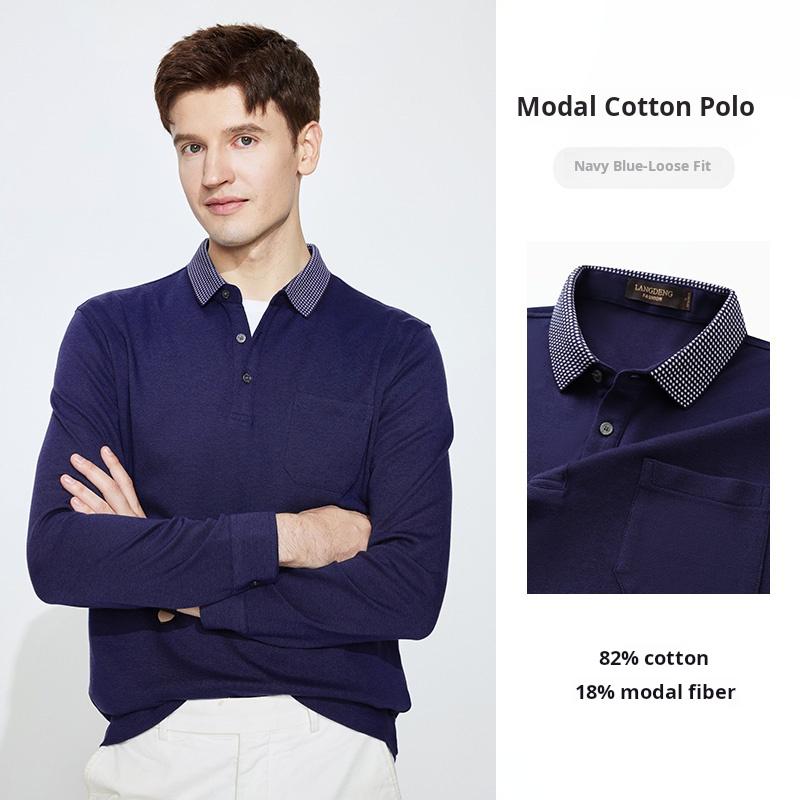 Langdeng 2025 Autumn New Long-sleeved Polo Shirt with Thousand Bird Grid Collar Top T-shirt
