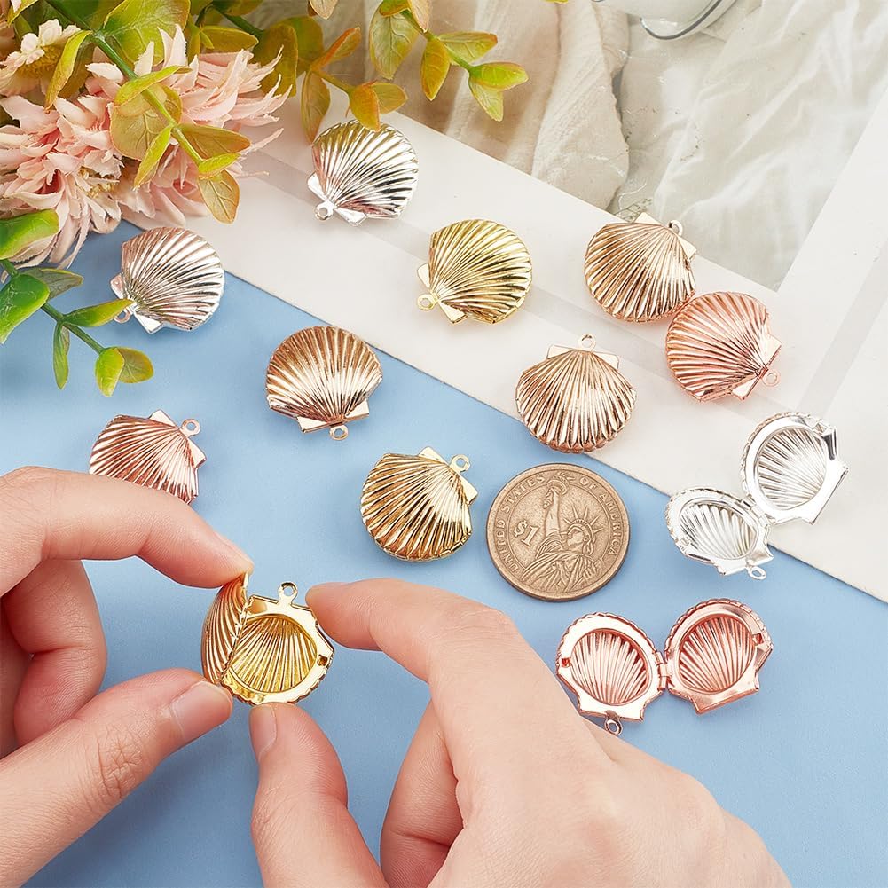 PH PandaHall 12pcs Shell Locket Charms 3 Colors Photo Frame Charm Memorial Collection Charm Brass Locket Charms Pendants for Summer DIY Necklace