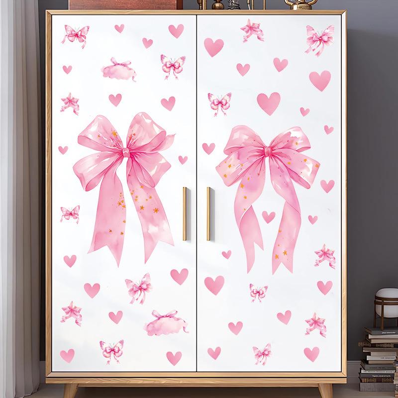 Bohemian Heart Bow Girl Bedroom Wall Sticker, Pink PVC Self-Adhesive Background Wall Decal, Cute Cabinet Sticker Home Decor