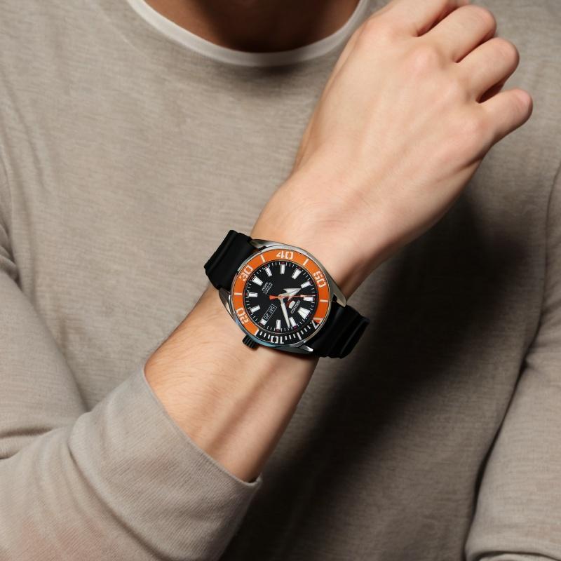 Seiko Мужские часы Seiko 5 оранжевые, автоматические, механические, водонепроницаемые, на силиконовом ремешке, с механическим механизмом, мужские часы, черный циферблат, SRPC59K1