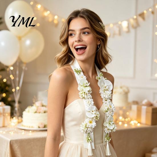Decorative Floral Stole for Weddings Flower Graduation Leis, Artificial Satin Ribbon Grad Stole, Senior Tropical Gift Box Decoration Leis with Tassel