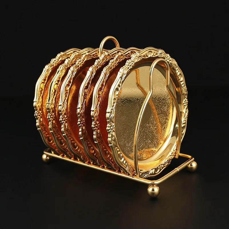 Классическая золотистая подставка под коктейль из металла, цинковый сплав, позолоченный коврик, континентальная винтажная подставка под приборы, диаметр 10 см, 6 шт.