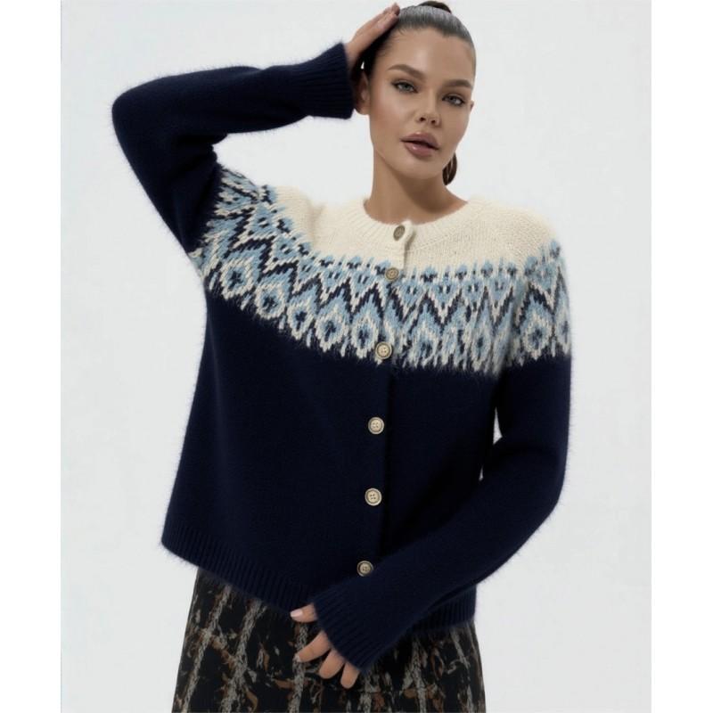 Womens Vintage Fair Isle Knit Cardigan Sweater Loose Fit Winter 2026 Geometric Wool Blend