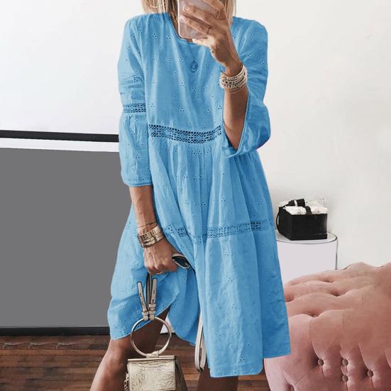 Женское платье, кружевное, с открытой вышивкой, с рукавами три четверти, однотонное, свободное, до колена, свободное, трапециевидное, с круглым вырезом, миди-платье