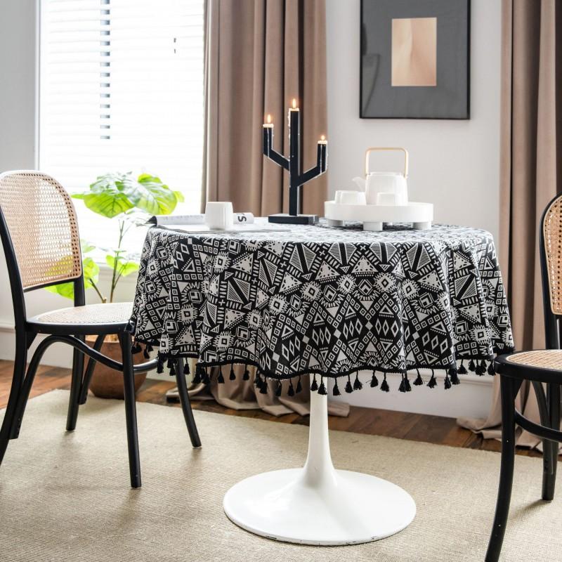 Black Geometric Cotton Tablecloth Cafe Bar Dining Table Decor Thick Double-Sided Rectangular Cover