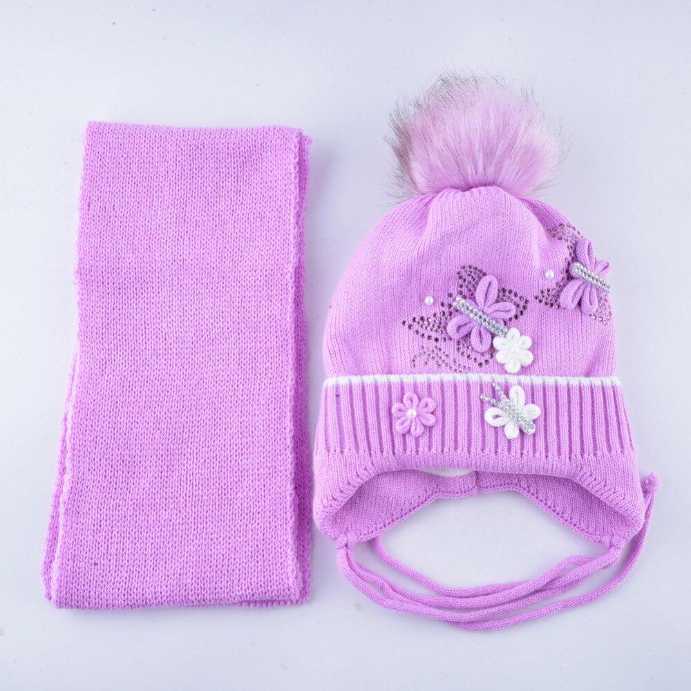 Warm Hats And Scarf Set For Girls Winter Knitted Lovely Kids Beanies With Imitation Fur Pompom Child
