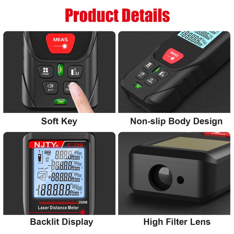 NJTY 50m 100m 200m Laser Meter Digital Handheld Tape Measure RED Laser with Portable Bag Lanyard Data Records IP54 Rangefinder